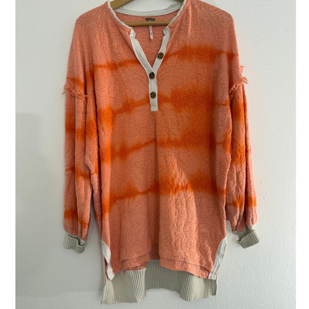Free people Soul Flower Tie-Dye Long Sleeve Top Orange Knit Henley Women Size S